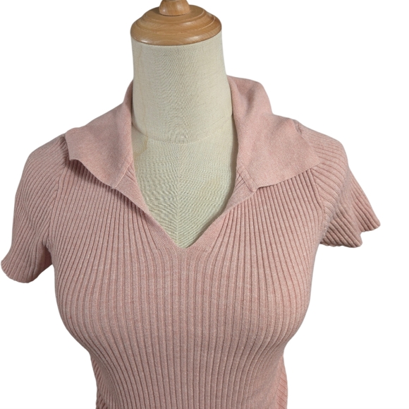 TWEE Pink Ribbed Collared Ruched Sweater Top - Picture 2 of 7